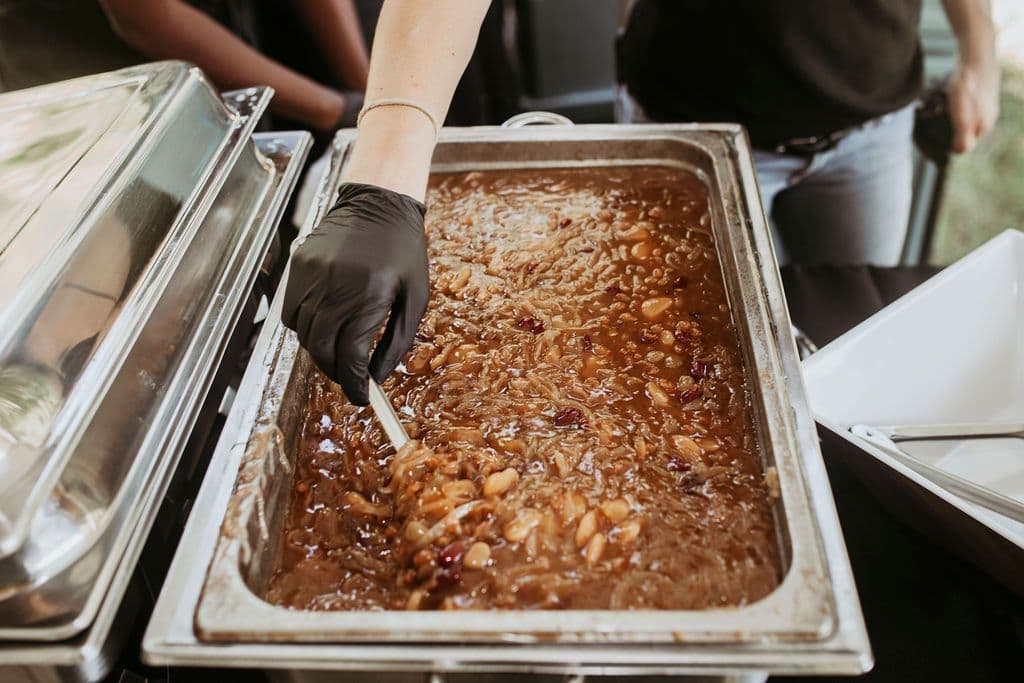 The Bearded Pig catering — sides served from a chafing tray